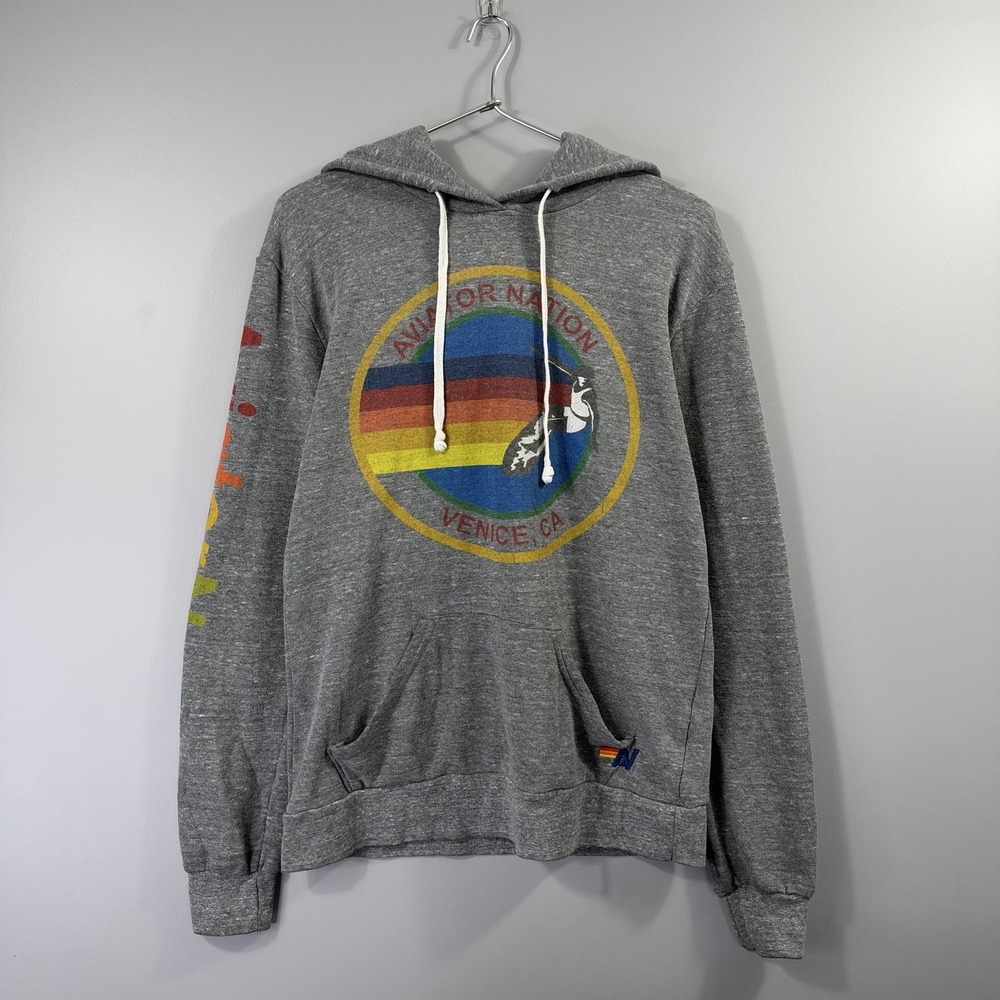 Aviator Nation Hoodie Womens Medium Gray Graphic Pullover Fleece Made In USA